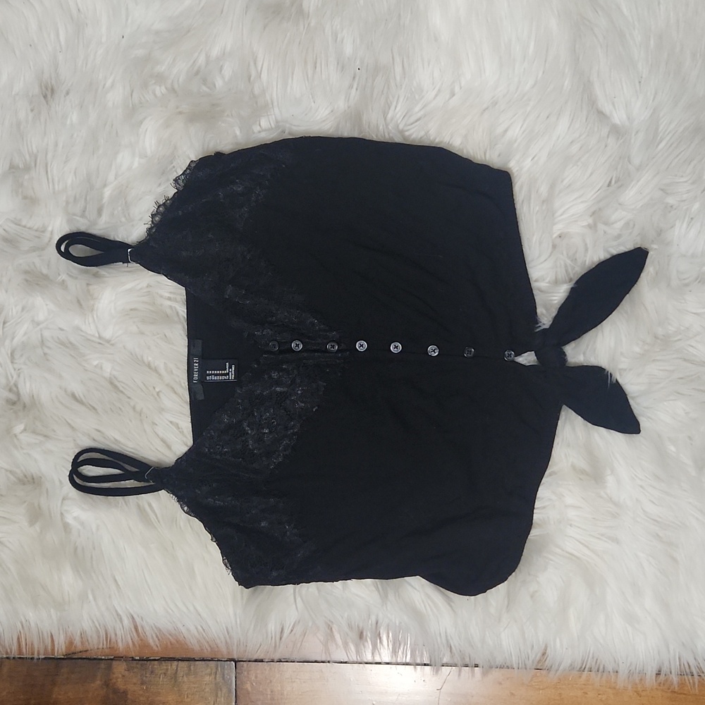 Black Lace-Trim Button-Up Tank Top